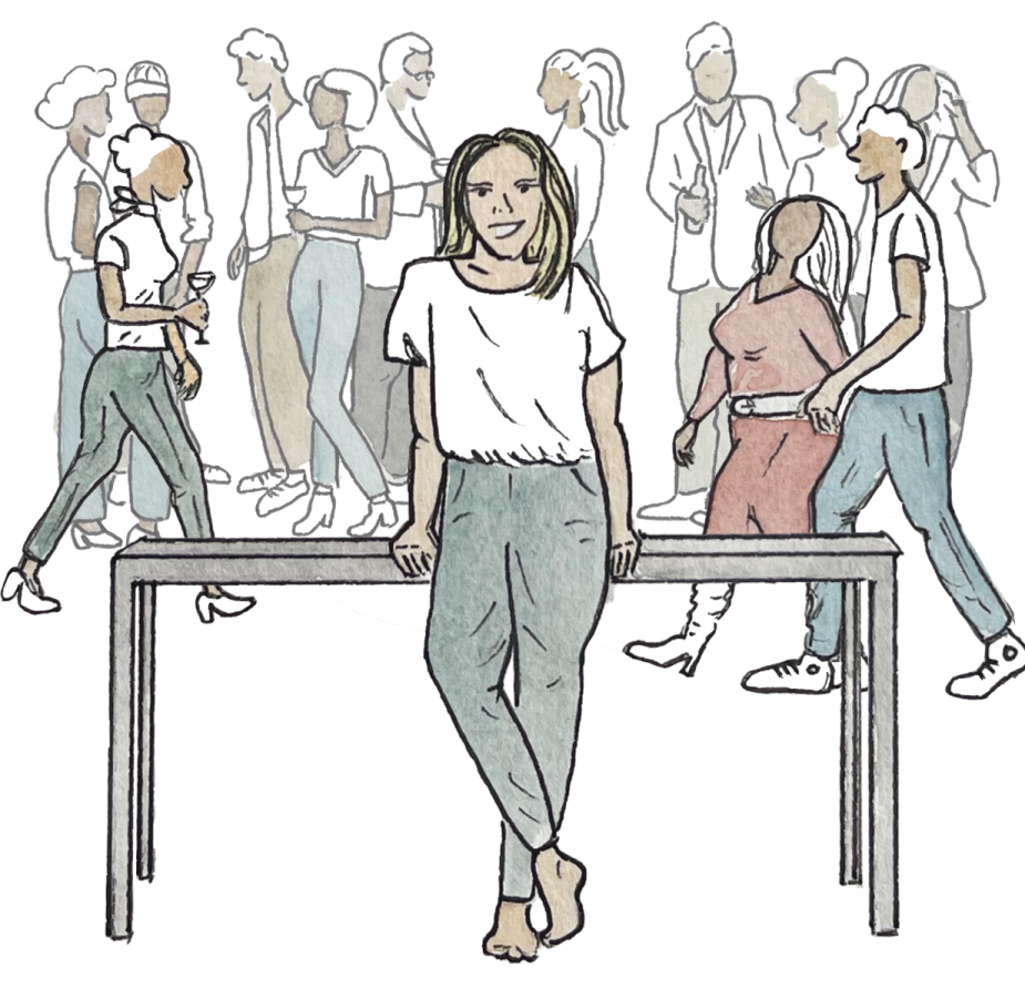 An illustration of Alex Alexander leaning against a table surrounded by people in the background depicting friendship